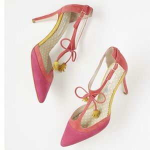 Boden Alice Tassel Pointed Toe Pink Suede T-strap Kitten Heels Women 37.5 / 7.5